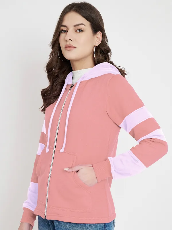 BRINNS_Women_Teal_Blue_&_Burgundy_Striped_Fleece_Hooded_Sweatshirt