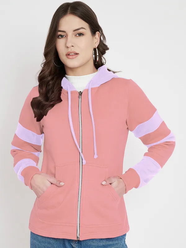BRINNS_Women_Teal_Blue_&_Burgundy_Striped_Fleece_Hooded_Sweatshirt