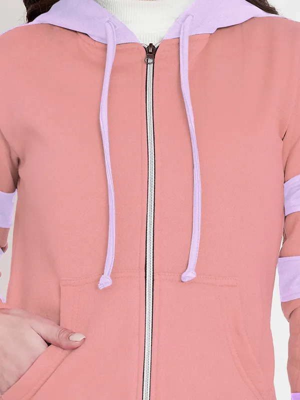 BRINNS_Women_Teal_Blue_&_Burgundy_Striped_Fleece_Hooded_Sweatshirt