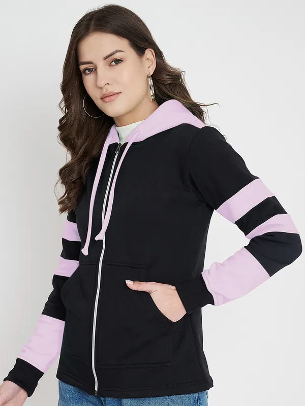 BRINNS_Women_Teal_Blue_&_Burgundy_Striped_Fleece_Hooded_Sweatshirt