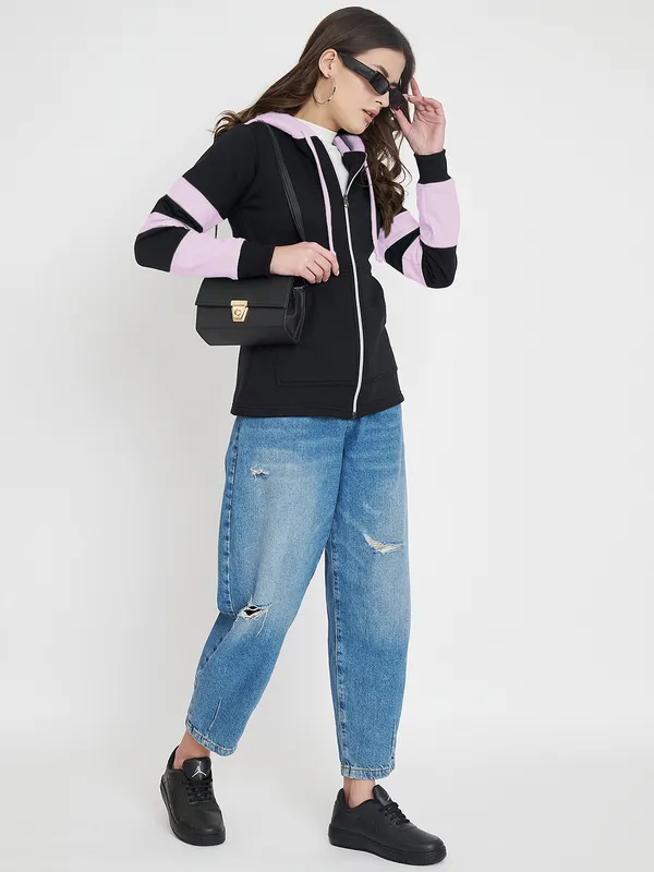 BRINNS_Women_Teal_Blue_&_Burgundy_Striped_Fleece_Hooded_Sweatshirt