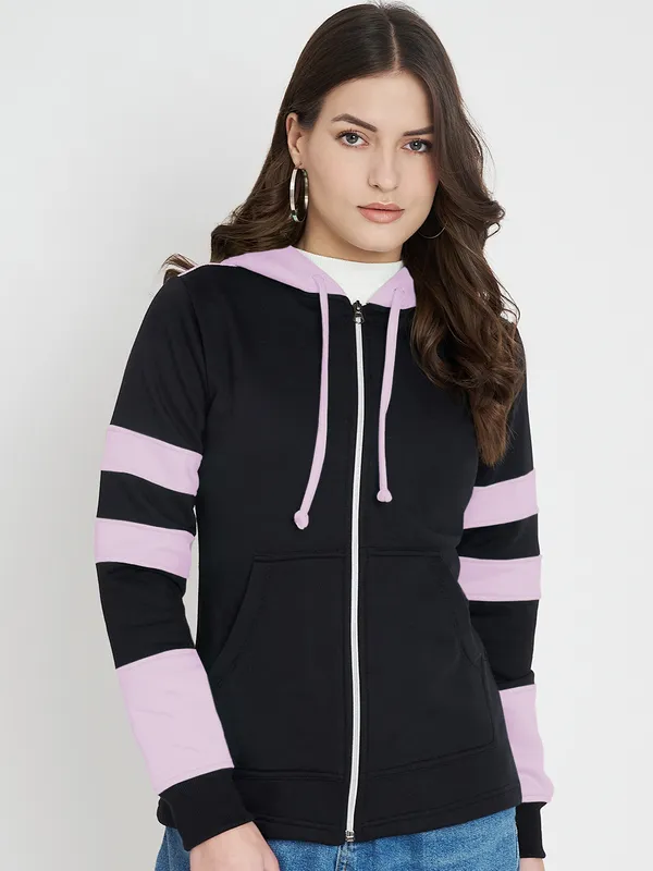 BRINNS_Women_Teal_Blue_&_Burgundy_Striped_Fleece_Hooded_Sweatshirt
