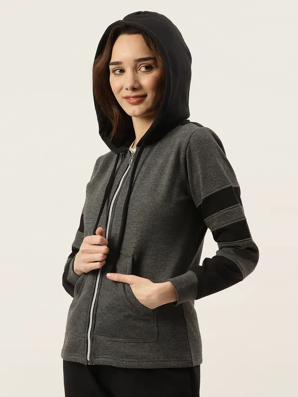 BRINNS_Women_Teal_Blue_&_Burgundy_Striped_Fleece_Hooded_Sweatshirt