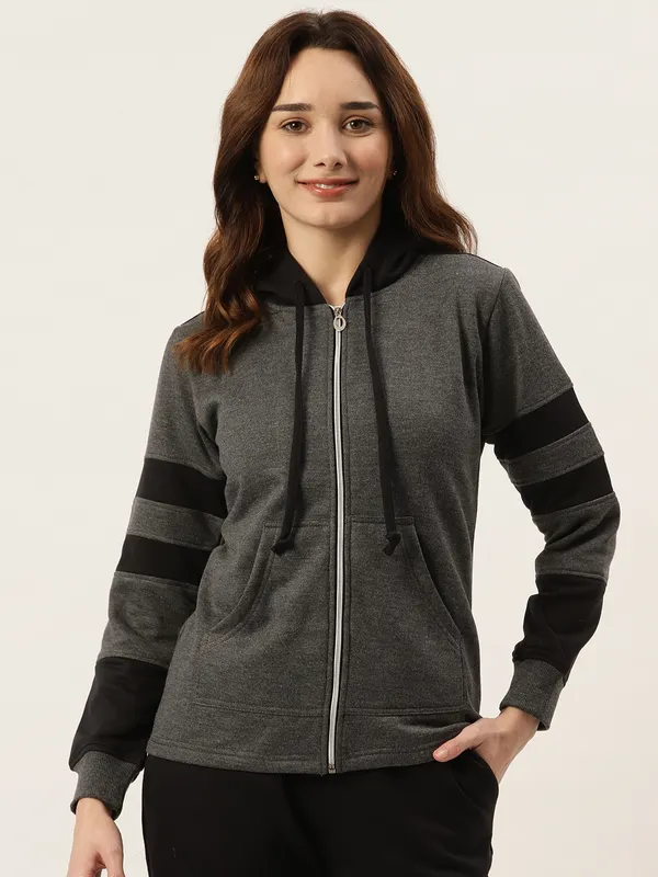 BRINNS_Women_Teal_Blue_&_Burgundy_Striped_Fleece_Hooded_Sweatshirt