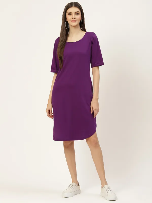 BRINNS_Purple_Solid_Pure_Cotton_A-Line_Midi_Dress