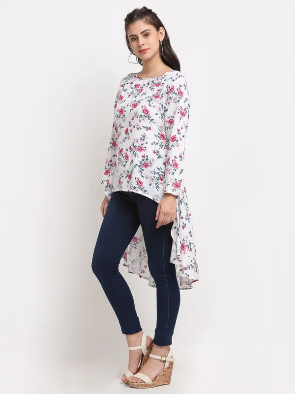 BRINNS_Women's_White_Solid_Color_Flower_Printed_Longline_High-Low_Top