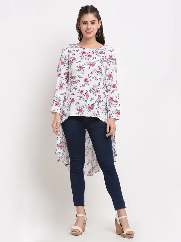 BRINNS_Women's_White_Solid_Color_Flower_Printed_Longline_High-Low_Top