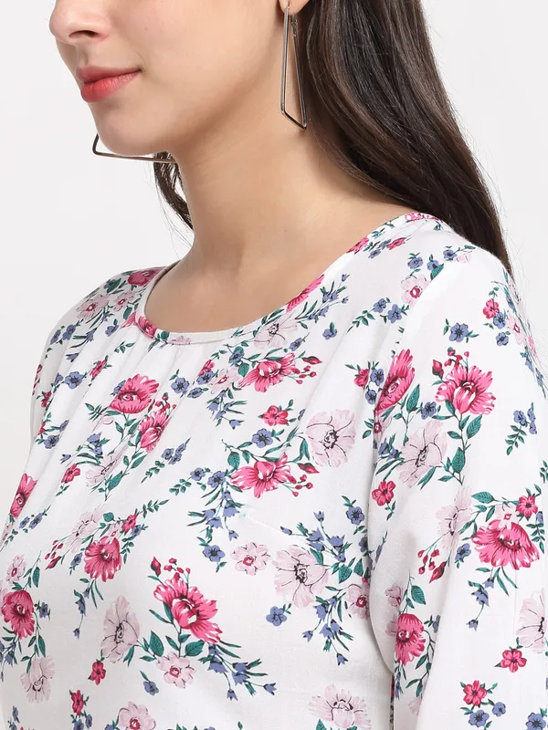 BRINNS_Women's_White_Solid_Color_Flower_Printed_Longline_High-Low_Top