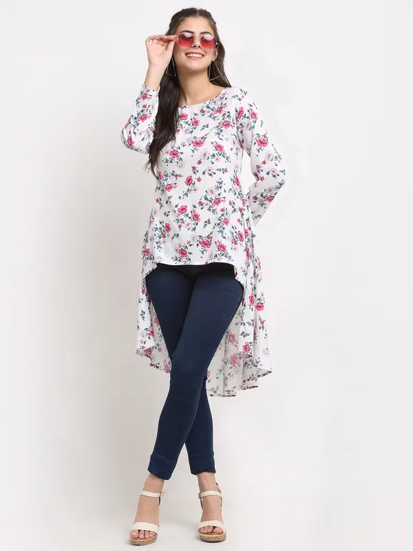 BRINNS_Women's_White_Solid_Color_Flower_Printed_Longline_High-Low_Top