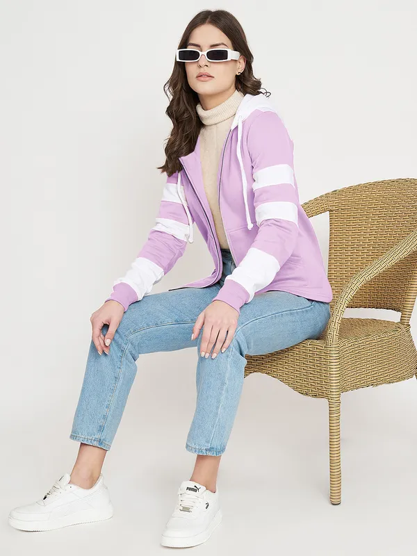 BRINNS_Women_Teal_Blue_&_Burgundy_Striped_Fleece_Hooded_Sweatshirt
