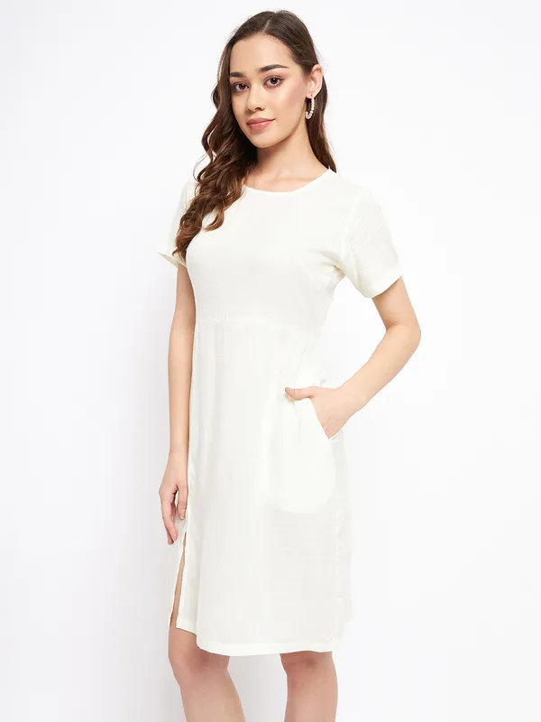 Cream_Rayon_Solid_Dresses