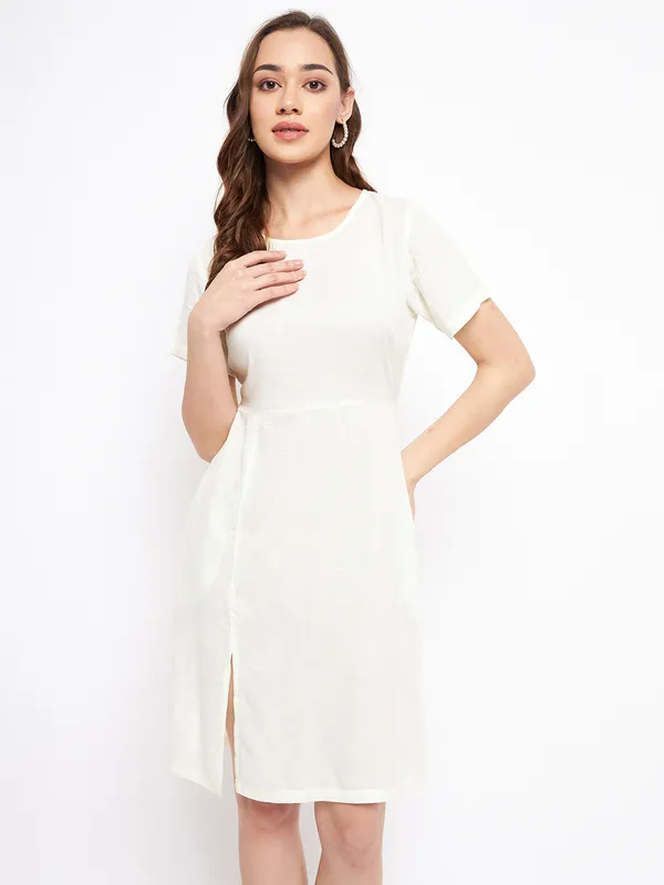 Cream_Rayon_Solid_Dresses