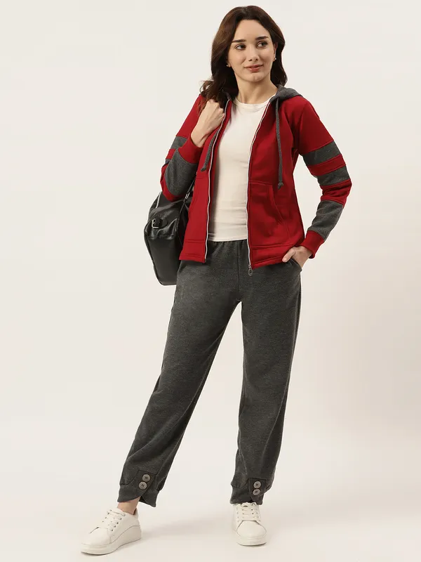 BRINNS_Women_Teal_Blue_&_Burgundy_Striped_Fleece_Hooded_Sweatshirt