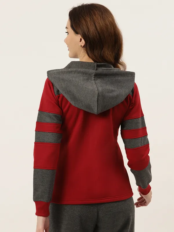 BRINNS_Women_Teal_Blue_&_Burgundy_Striped_Fleece_Hooded_Sweatshirt