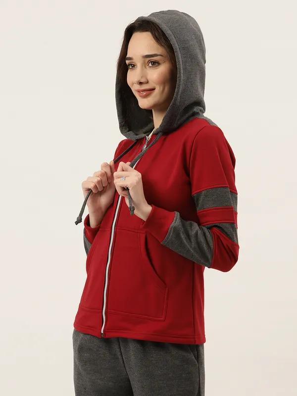 BRINNS_Women_Teal_Blue_&_Burgundy_Striped_Fleece_Hooded_Sweatshirt