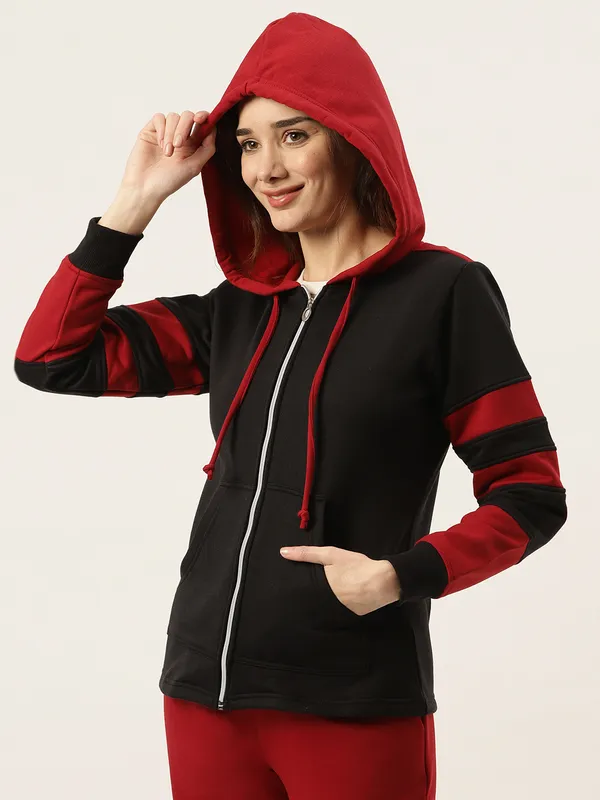BRINNS_Women_Teal_Blue_&_Burgundy_Striped_Fleece_Hooded_Sweatshirt
