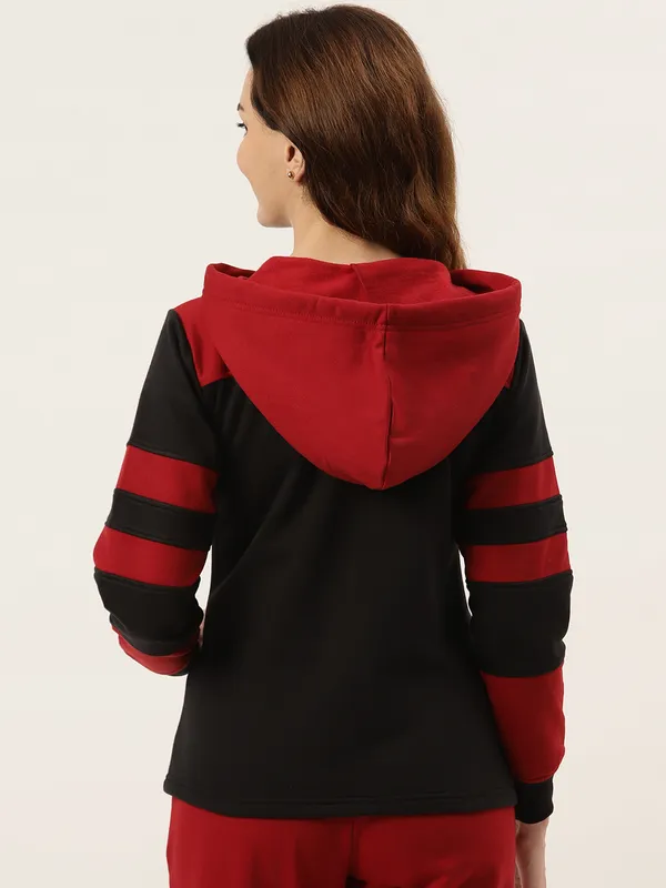 BRINNS_Women_Teal_Blue_&_Burgundy_Striped_Fleece_Hooded_Sweatshirt