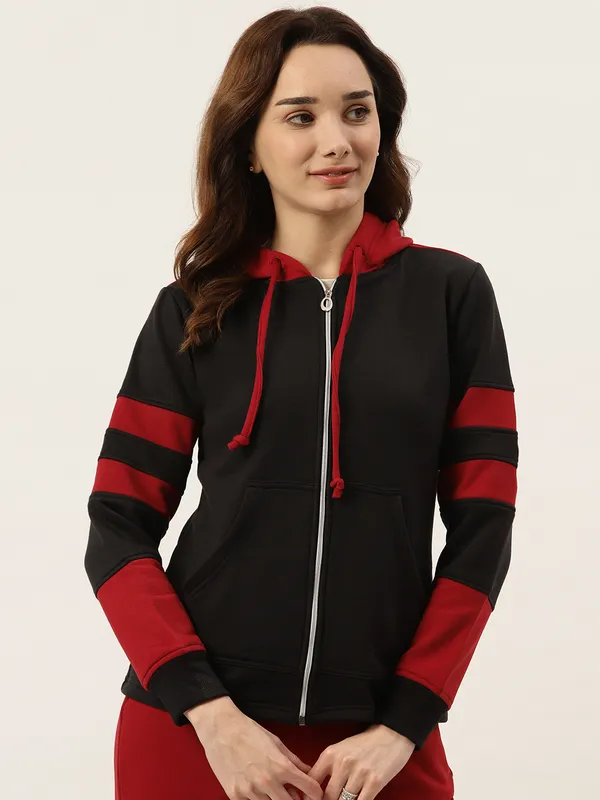 BRINNS_Women_Teal_Blue_&_Burgundy_Striped_Fleece_Hooded_Sweatshirt