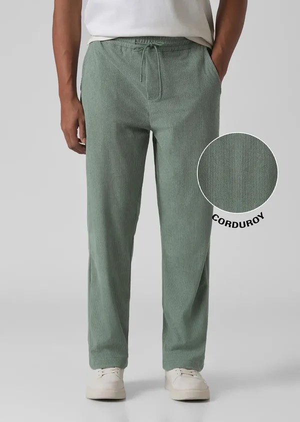 Sage_Green_Corduroy_Wide_Leg_Drawstring_Pants_For_Men