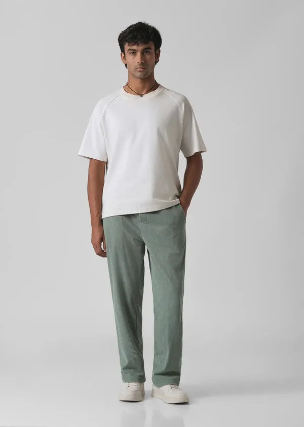 Sage_Green_Corduroy_Wide_Leg_Drawstring_Pants_For_Men