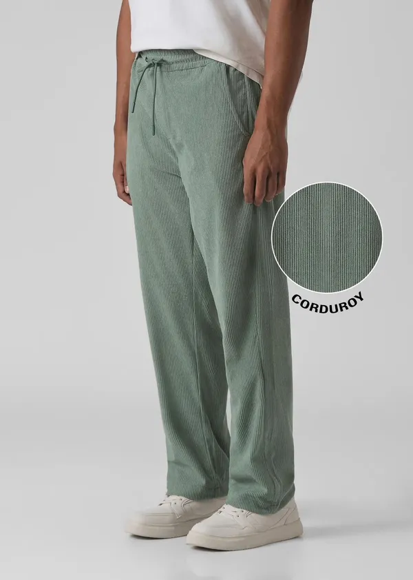 Sage_Green_Corduroy_Wide_Leg_Drawstring_Pants_For_Men