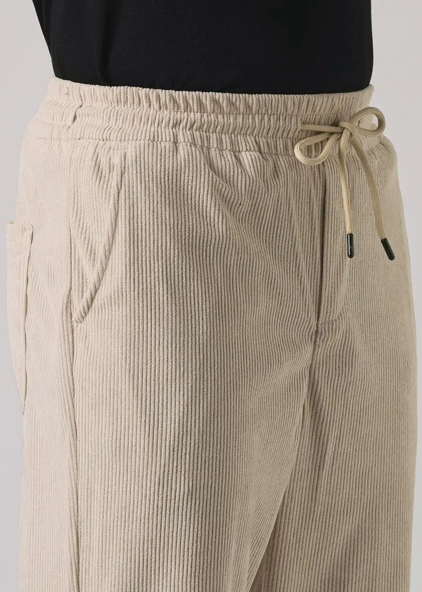 Beige_Corduroy_Drawstring_Pants_For_Men