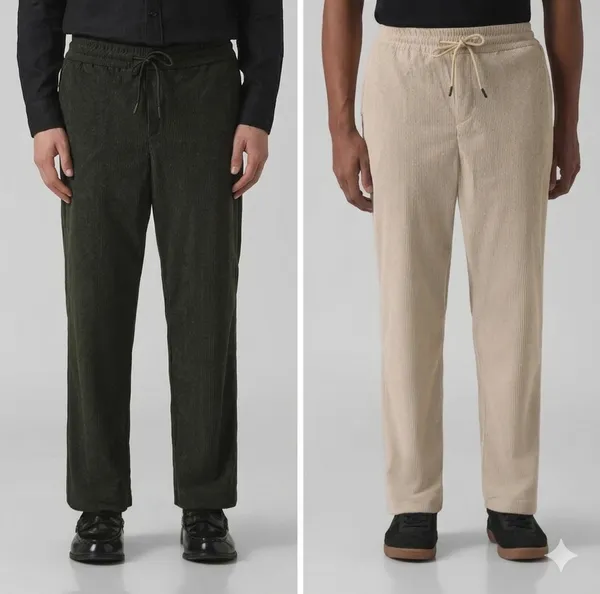 Dark_Green_Corduroy_Drawstring_Pants_And_Beige_Corduroy_Drawstring_Pants_For_Men