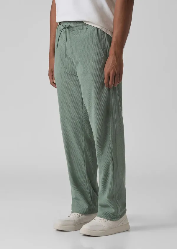 Sage_Green_Corduroy_Wide_Leg_Drawstring_Pants_For_Men