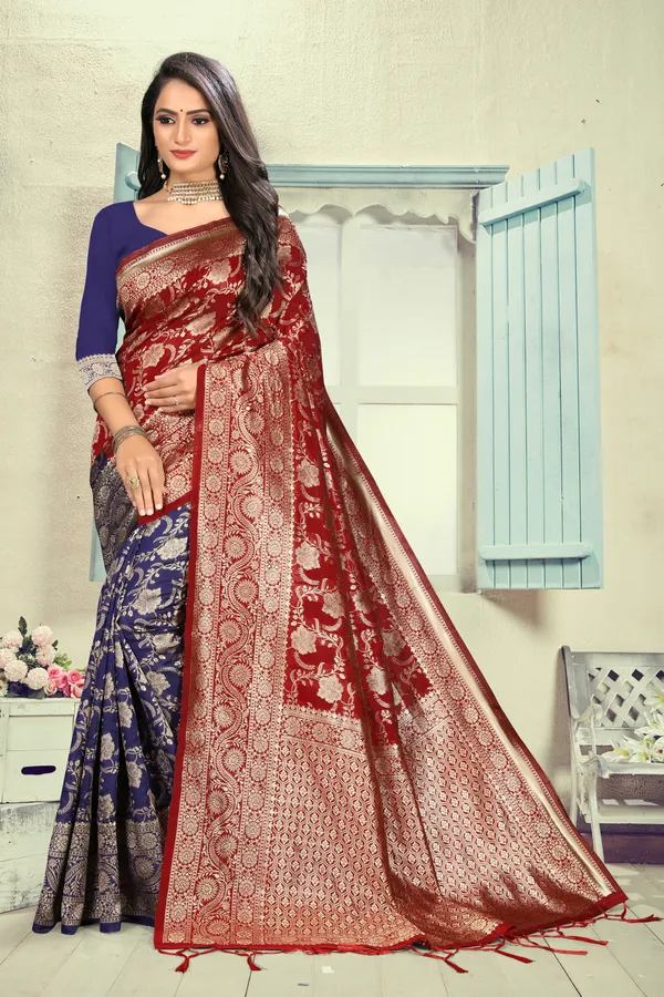 Maroon_Designer_Silk_Blend_Saree_With_Unstitched_Blouse_For_Women