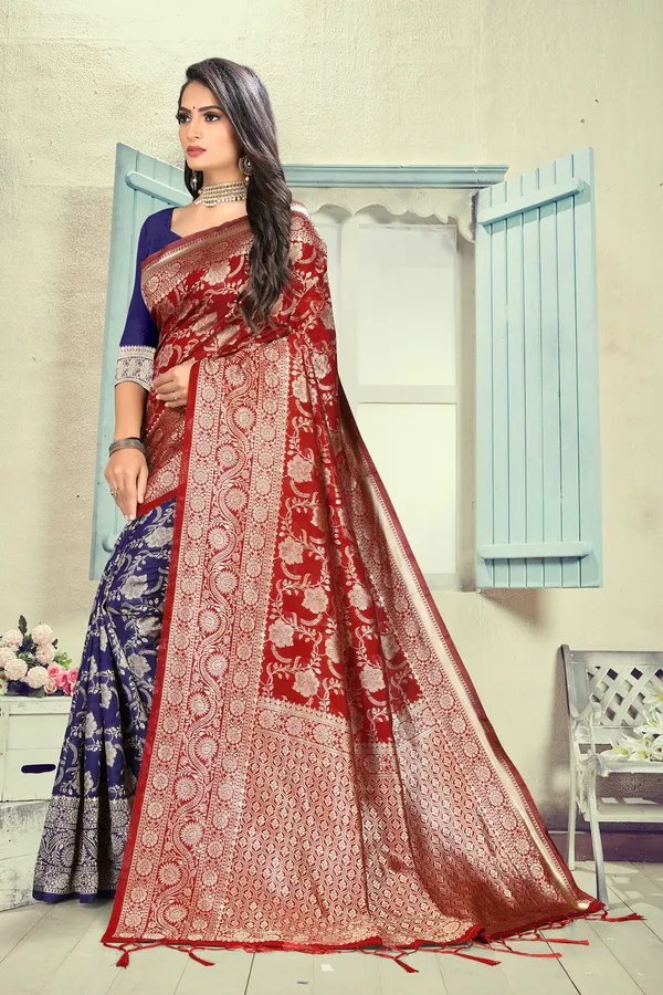 Maroon_Designer_Silk_Blend_Saree_With_Unstitched_Blouse_For_Women