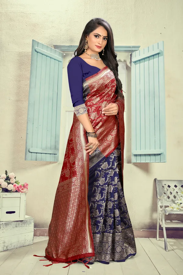 Maroon_Designer_Silk_Blend_Saree_With_Unstitched_Blouse_For_Women