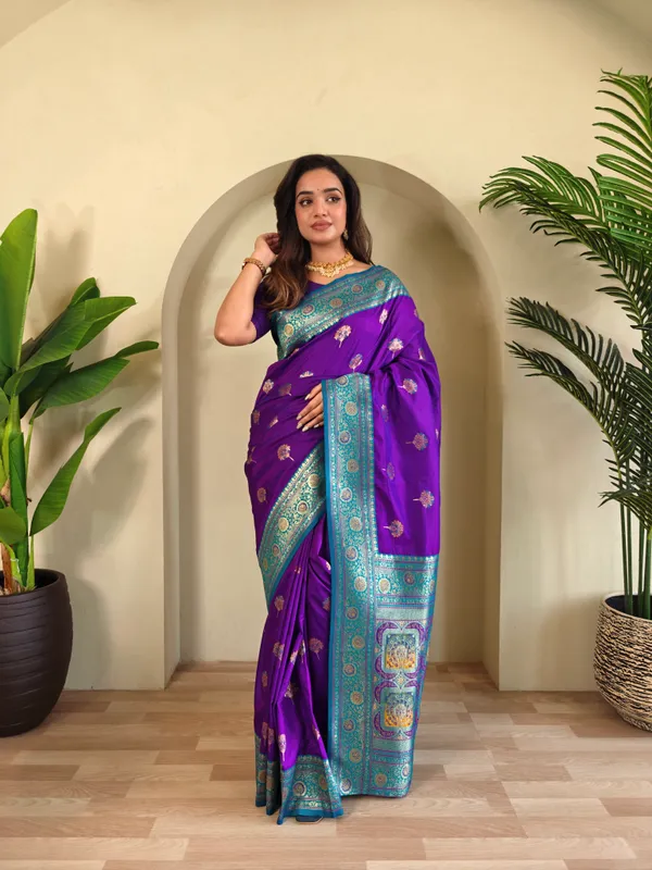Premium_Purple_Banarasi_Silk_Saree_with_Intricate_Weaving_–_Contrast_Blouse