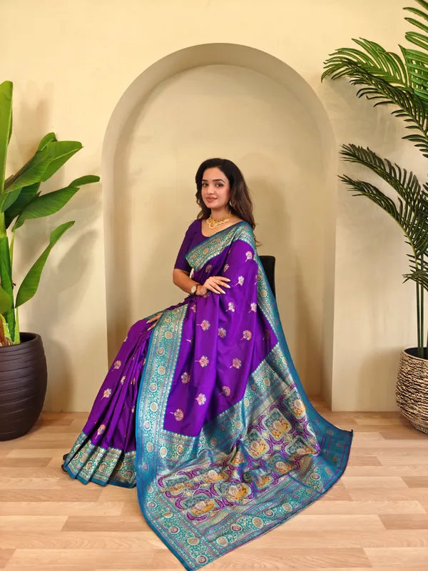 Premium_Purple_Banarasi_Silk_Saree_with_Intricate_Weaving_–_Contrast_Blouse
