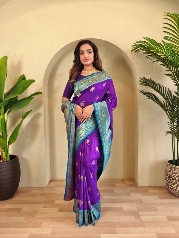 Premium_Purple_Banarasi_Silk_Saree_with_Intricate_Weaving_–_Contrast_Blouse