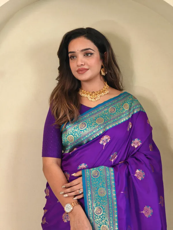 Premium_Purple_Banarasi_Silk_Saree_with_Intricate_Weaving_–_Contrast_Blouse