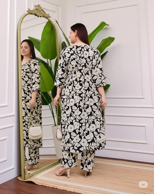 Black_&_Skin_Cotton_Blend_V_Neck_Calf_Length_Floral_Print_Kurti_&_Pyjama_For_Women