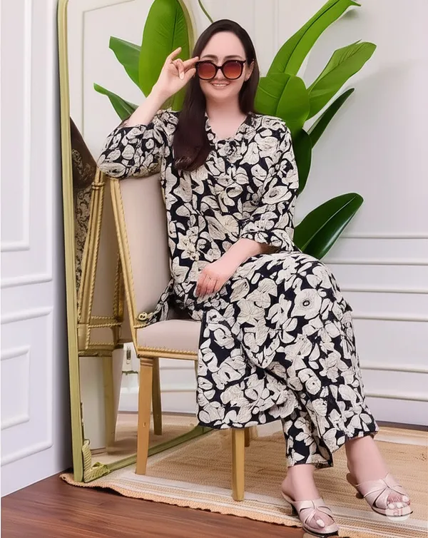 Black_&_Skin_Cotton_Blend_V_Neck_Calf_Length_Floral_Print_Kurti_&_Pyjama_For_Women