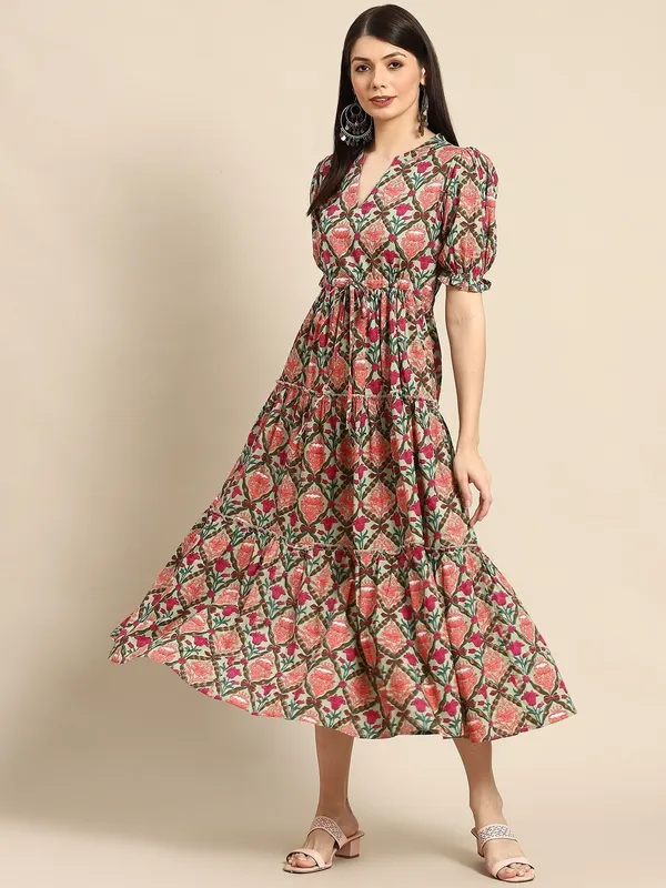 Brown_Cotton_Blend_Floral_Short_Sleeve_Mandarin/Chinese_Neck_Calf_Length_Anarkali_Kurta_For_Women_&_Girls