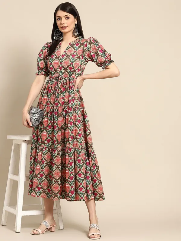 Brown_Cotton_Blend_Floral_Short_Sleeve_Mandarin/Chinese_Neck_Calf_Length_Anarkali_Kurta_For_Women_&_Girls