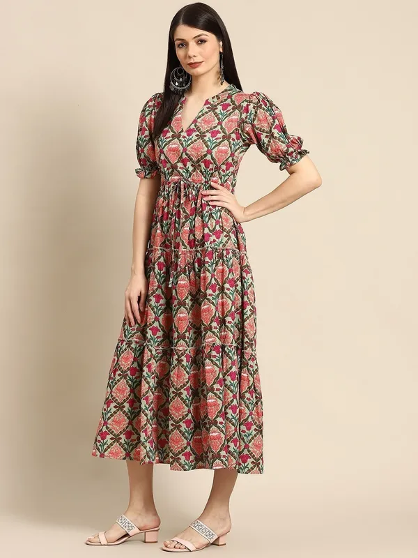 Brown_Cotton_Blend_Floral_Short_Sleeve_Mandarin/Chinese_Neck_Calf_Length_Anarkali_Kurta_For_Women_&_Girls