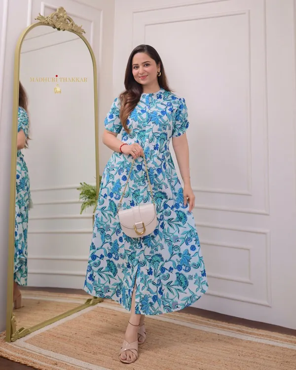 Light_Blue_Cotton_Blend_Floral_Print_Short_Sleeve_Round_Neck_Calf_Length_Anarkali_Kurta_For_Women_&_Girls