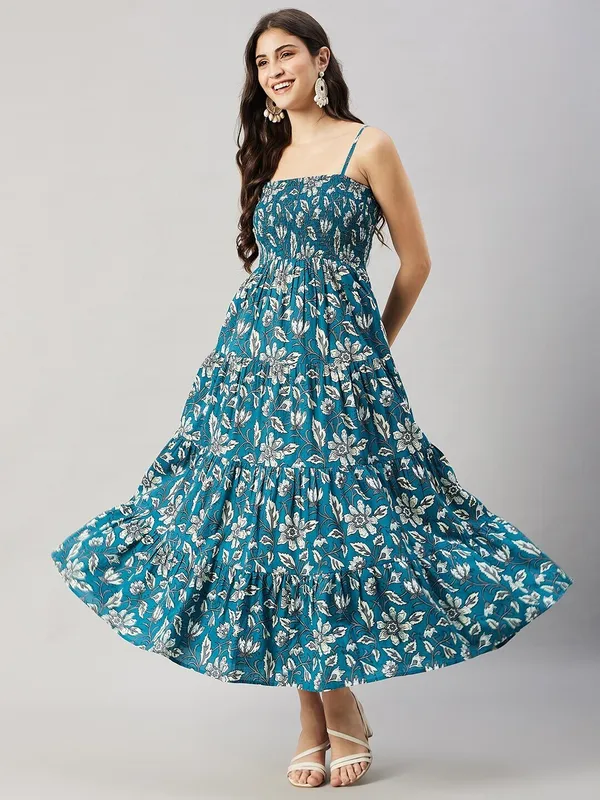 Blue_Cotton_Blend_Calf_Length_A-Line_Dress_For_Women
