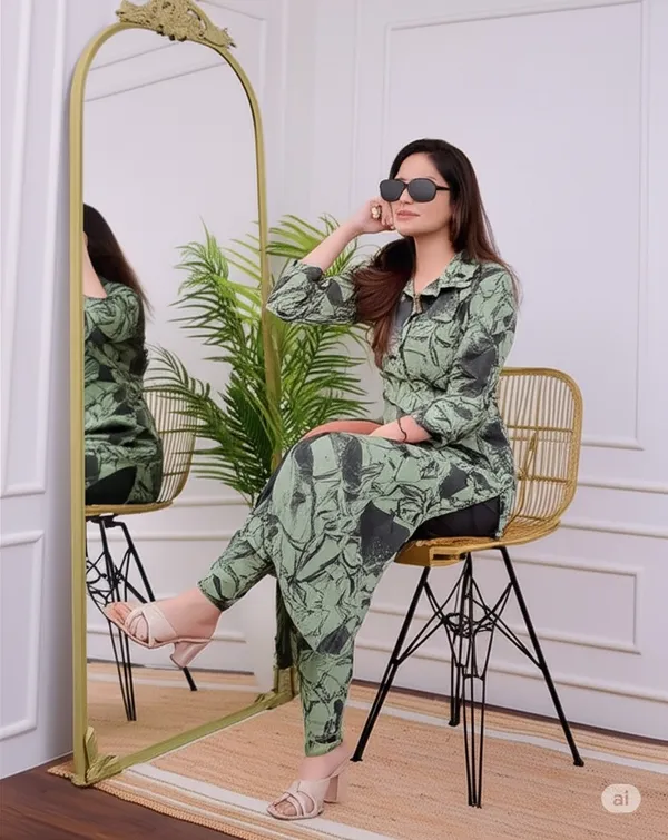 Dark_Green_Cotton_Blend_V_Neck_Calf_Length_Floral_Print_Kurti_&_Pyjama_For_Women