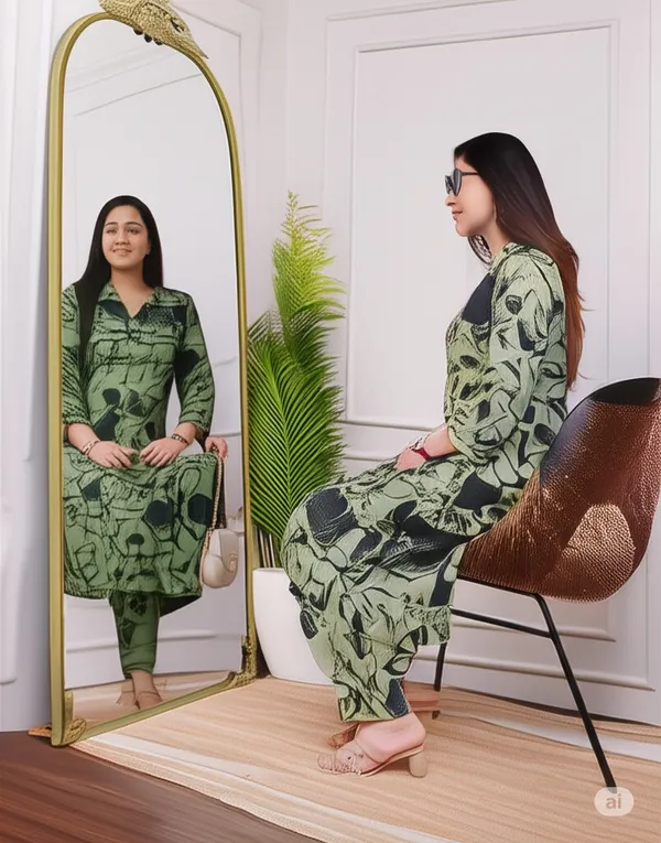 Dark_Green_Cotton_Blend_V_Neck_Calf_Length_Floral_Print_Kurti_&_Pyjama_For_Women