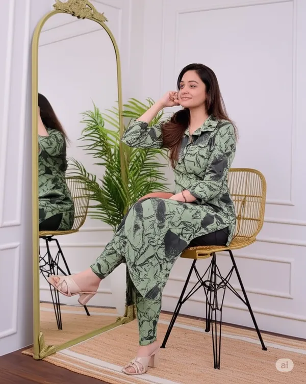 Dark_Green_Cotton_Blend_V_Neck_Calf_Length_Floral_Print_Kurti_&_Pyjama_For_Women