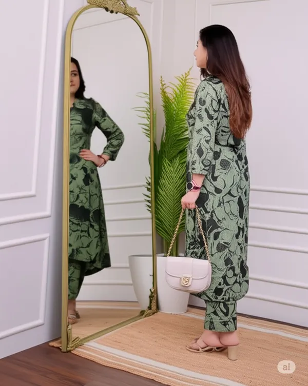 Dark_Green_Cotton_Blend_V_Neck_Calf_Length_Floral_Print_Kurti_&_Pyjama_For_Women