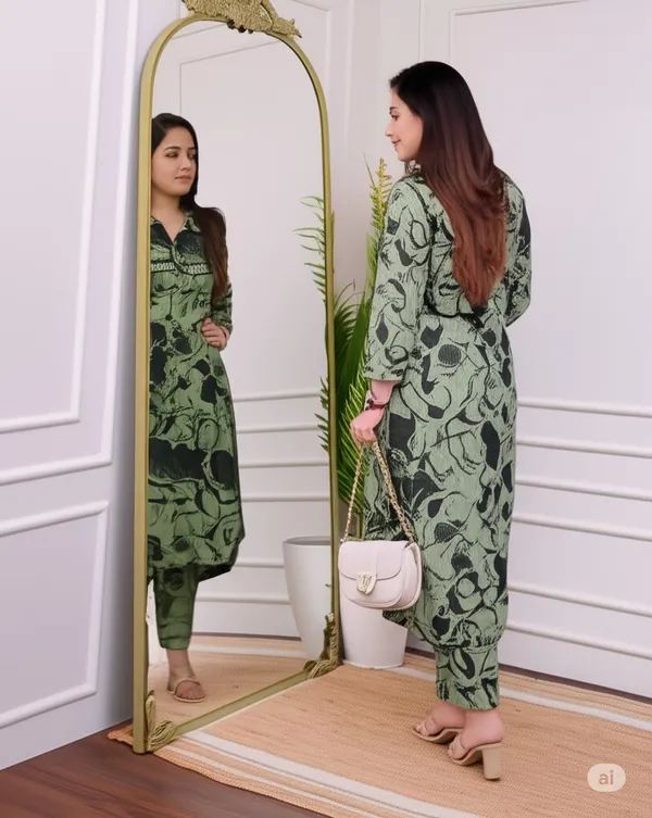 Dark_Green_Cotton_Blend_V_Neck_Calf_Length_Floral_Print_Kurti_&_Pyjama_For_Women