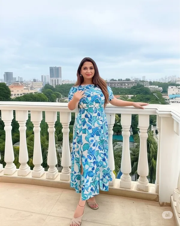 Light_Blue_Cotton_Blend_Floral_Print_Short_Sleeve_Round_Neck_Calf_Length_Anarkali_Kurta_For_Women_&_Girls