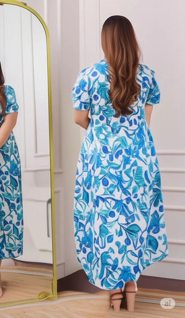 Light_Blue_Cotton_Blend_Floral_Print_Short_Sleeve_Round_Neck_Calf_Length_Anarkali_Kurta_For_Women_&_Girls