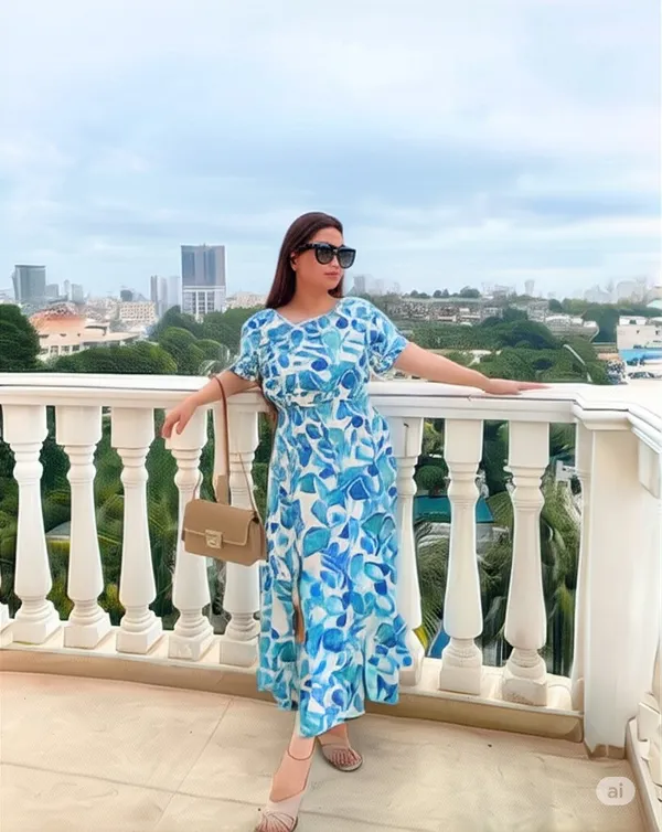 Light_Blue_Cotton_Blend_Floral_Print_Short_Sleeve_Round_Neck_Calf_Length_Anarkali_Kurta_For_Women_&_Girls
